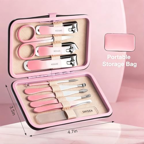 Manicure Set, 10 pcs High-Carbon Steel Nail Clippers Set, Portable Mini Manicure and Pedicure Kit, Travel Grooming Nail Kit with Leather Bag for Men and Women - color: RosePink