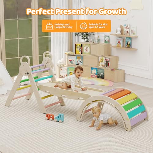 Pikler Triangle Set, 7-in-1 Foldable Toddler Climbing Toys, Indoor Playground for Kids, Montessori Climbing Set Gift, Wooden Baby Jungle Gym, for Toddlers 1-3 (Rainbow) - size: 7-in-1