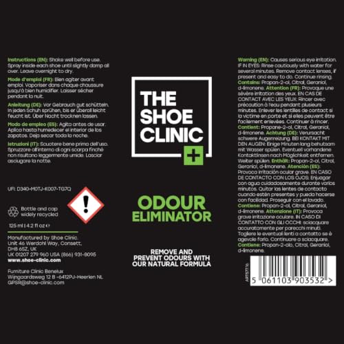 Shoe Deodorizer Spray | Odor Eliminator forShoes, Work Boots, Gym, Sports & More Footwear | Smell Neutraliser & Remover | 125ml / 4.2 oz Freshener
