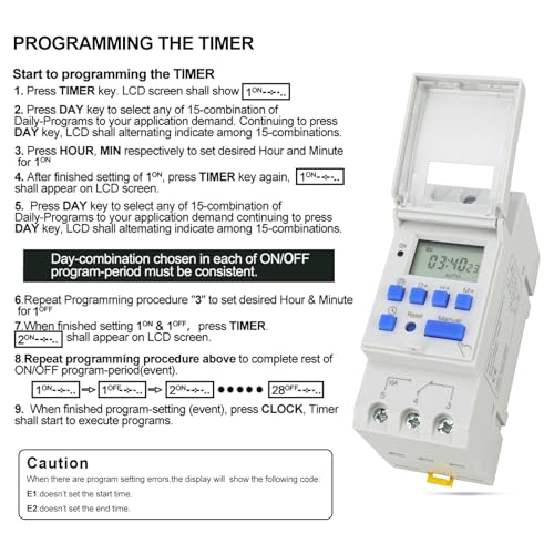 BAOMAIN THC15A AC 110V Digital Programmable Timer Switch,16A Weekly Relay | AC 110V Power Input with 16A Max Switch Capacity,Up To 240VAC,Supports 28 Weekly Settings. Din Rail Mount