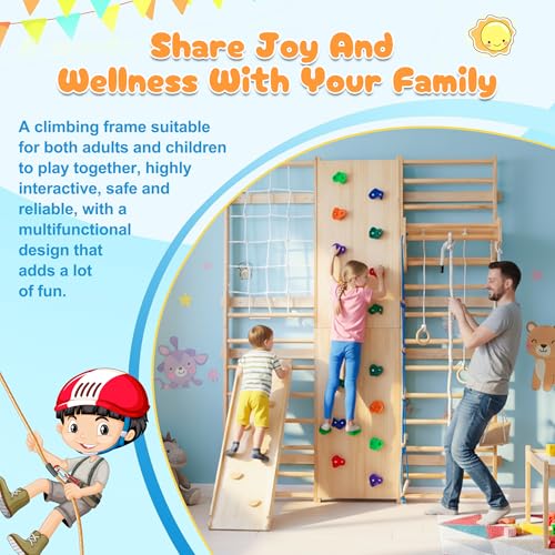 9-in-1 Indoor Climbing | All-in-One Wooden Home Playground with Rock Climbing Wall, Swings, Gymnastic Rings, Rope Ladder & More | Safe, Space-Saving Fitness & Fun for Family