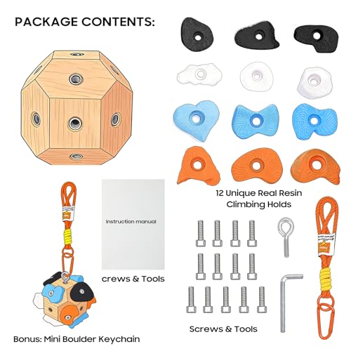 Boulder Block – 12 Solid Resin Climbing Holds on Wood Base, Portable Finger Strength Trainer for Bouldering, Climbing Grip Strengthener with Lanyard