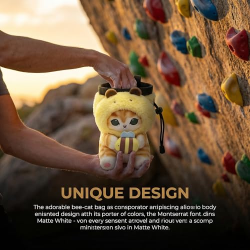 Cat Rock Climbing Chalk Bag, Fun Plush Animal Chalk Pouch with Drawstring, Adjustable Waist Belt for Indoor Outdoor Bouldering Sport Climbing - style: Small Bee Cat