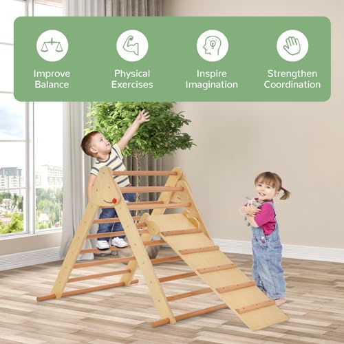 OLAKIDS Pikler Triangle Set 3 in 1 Climbing Toys for Toddlers Foldable Wood Montessori Baby Jungle Gym with Ramp Ladder Slide Kids Indoor Playground Activity Play Structure - color: Burlywood