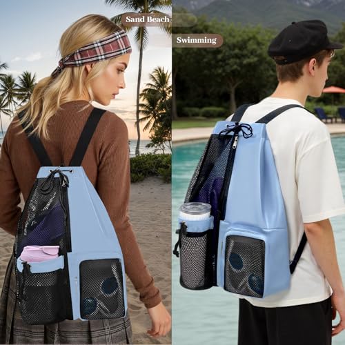 Beach Backpack with Wet Pocket Drawstring Mesh Beach Bag Waterproof Swimming Pool Backpack for Men and Women - color: Blue