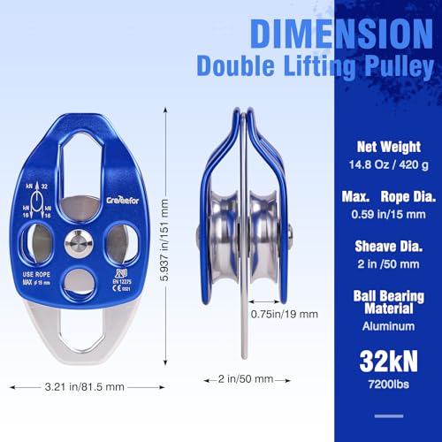 Double Block and Tackle Pulley System with 150Ft x 1/2'' Rope Pulley 7700 LB(35KN) Breaking Strength, 4:1 Lifting Power Sheave Pulley Hoist System for Garage, Attic Heavy Lifting - size: 1/2'' x 150ft