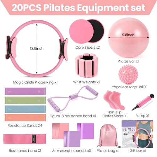 20PCS Pilates kit,Pilates Equipment Kit for Women with 13.5“Pilates Ring and Ball,Resistance Bands, Ankle Weights, Sliders & Grip Socks Accessories for Starter Home, Office & Travel