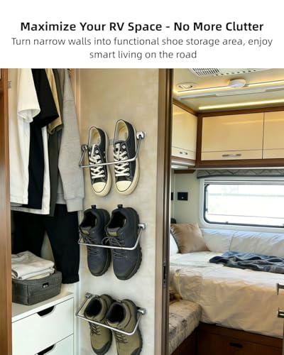 Foldable RV Shoe Rack Aluminum Wall Mounted Shoe Storage Solution | Orgainze Shoes Off Floor Reduce Clutter in Tight Camper Van, Slim Space Saver for Bedside/ Closet/ Trailer Entryway, 4 Pack