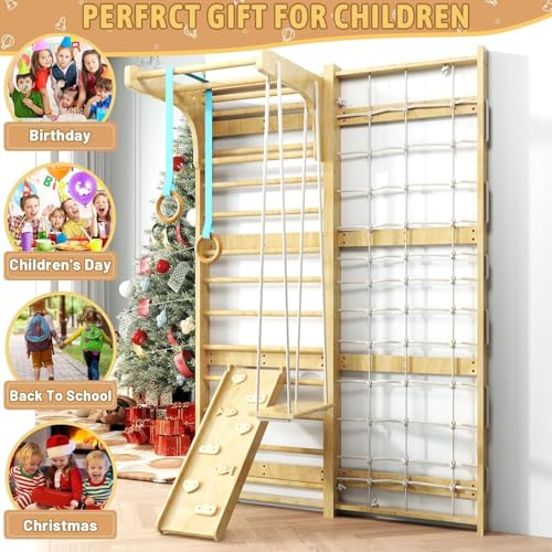 7-in-1 Swedish Ladder, Wooden Climbing Wall Ladder for Kids and Adults, Montessori Climber Playset with Pull-Up Bar, Indoor Climbing Gym, Kids Playground