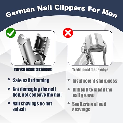 German Nail Clippers Set for Men & Women and Seniors | Large Wide Jaw Opening,Anti Splash Design,Ultra Sharp Stainless Steel heavy duty fingernail & toenail clippers (Silver) - size: Large Silver
