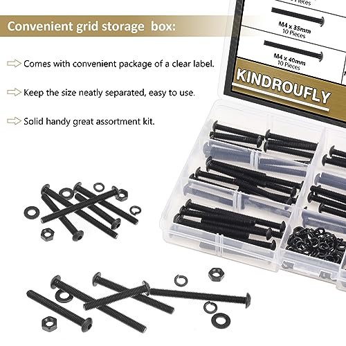 202 Pieces Black M4 x 30/35 /40/45 /50 mm Button Head Socket Cap Screws Nuts Washers Assortment Kit, 10.9 Grade Alloy Steel - size: M4 x 30/35/40/45/50mm, style: Button Head