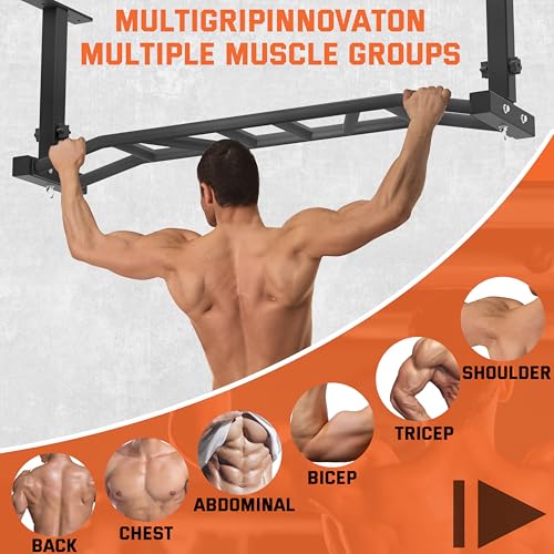 48" Ceiling Mount Pull Up Bar - Heavy Duty Multi-Grip Chin Up Bar for Garage/Home Gym and Strength Training, Adjustable Height&Supports to 600 Lbs