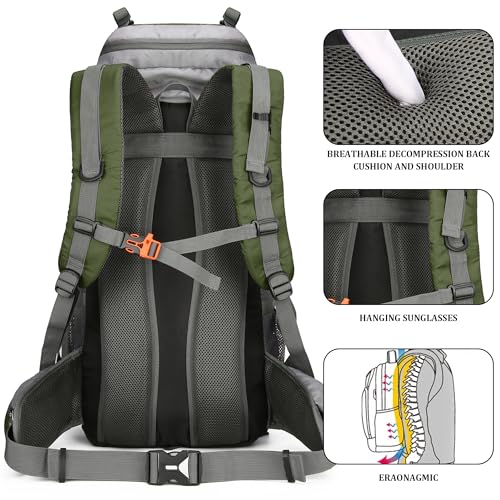 75L Hiking Backpack with Rain Cover Waterproof Camping Backpack Shoes Warehouse for Men Women, Frameless - color: Armygreen, size: 60L