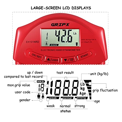 Digital Hand Dynamometer Grip Strength Measurement Meter Auto Capturing Electronic Hand Grip Power 198Lbs / 90Kgs - color: Red