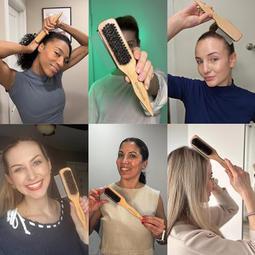 GranNaturals Boar Bristle Slick Back Hair Brush w/ Comb for Smoothing Sleek Ponytail Bun - Wide Rat Tail & Metal Comb Hairbrush for Parting, Teasing, Backcombing, Sectioning, Edge Control, Flyaways