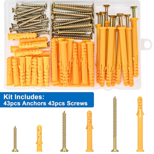 Aovchei 86pcs Drywall Anchors Kit, 43 Plastic Anchors and 43 Screws | 3 Size #8 * 40#8 * 60#8 * 80, Wall Hanging Kit for Hanging Picture Frame, Shelf Brackets, Curtain Rod - size: #8*40 #8*60 #8*80