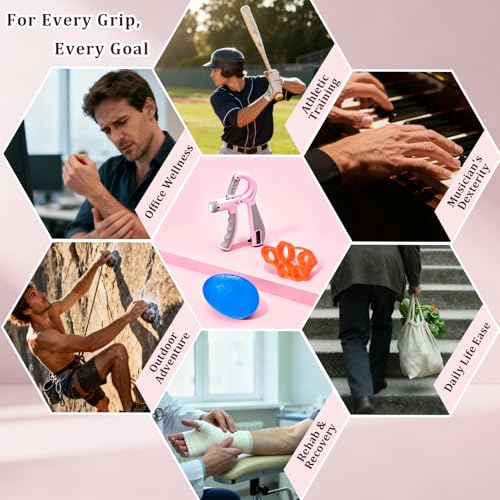 Grip Strength Trainer Kit Adjustable 10-132Lbs Hand Exerciser Counter | Forearm Strengthener, Finger Stretcher, Stress Ball and Bag for Grip Recovery, Wrist Training, Rehab, Climbers and Musicians - color: Pink