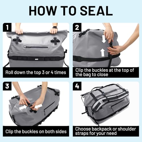 MIER Large Waterproof Duffel Bag - 60L/80L Dry Bag Backpack | Detachable Backpack Straps; Multi-Pockets; Roll-Top with Hook-and-Loop Closure; Motorcycle, Kayaking, Gym, Beach, Boating - color: Gray, size: 80L