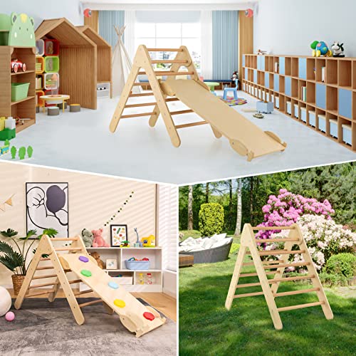 OLAKIDS Pikler Triangle Set 3 in 1 Climbing Toys for Toddlers Wood Montessori Baby Jungle Gym with Ramp Ladder Slide Kids Indoor Playground Activity Play Structure - color: Wooden
