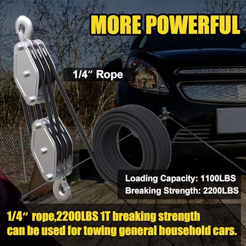 Block and Tackle 2200 LBS Breaking Strength Heavy Duty Pulley, 50 Ft 3/8" Rope Pulley, 5:1 Lifting Power Pulley System, Pulley Hoist for Animal Husbandry, Warehouses, Constructions(Black) - color: BLACK