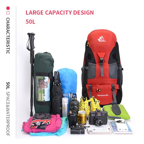 Bseash 50L Hiking Backpack, Water Resistant Lightweight Outdoor Sport Daypack Travel Bag for Camping Climbing Skiing Cycling (Red - No Shoe Compartment) - color: Red - No Shoe Compartment