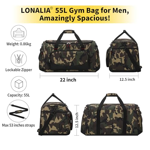 55L Sports Duffle Bag for Men, 22 inch, Camo | Multi Pockets, Water Resistant, Weekend Travel, Workout, Fitness - color: Camo