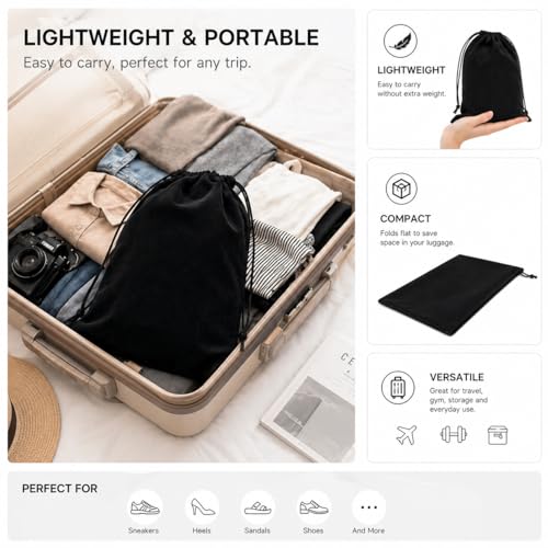 4 Pack Shoe Bags for Travel, Drawstring Travel shoe bag, Black & Beige | Large Size 18.3*13.78 inch,Soft Flannel Material,Washable & Reusable,Shoe Bag for Luggage