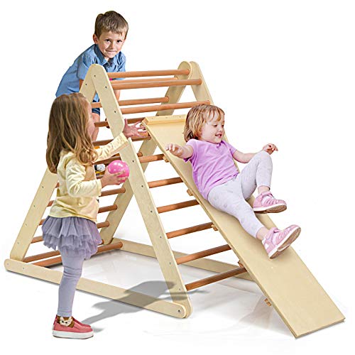 GLACER Wooden Climbing Triangle Ladder with Ramp, 2 in 1 Foldable Toddler Triangle Climber for Sliding & Climbing, Develop Strength, Balance and Motor Skills (Natural)
