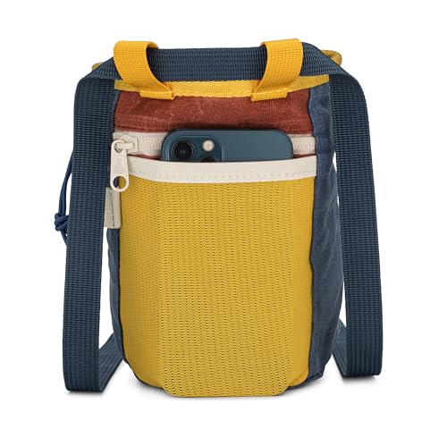 Oso Supply Co - Waxed Canvas Chalk Bag - Zipper Pocket & Mesh Pouch for Bouldering, Rock Climbing, Gym, Weightlifting – Water-Resistant, Adjustable Belt, Wide Opening - color: Canyon Red / Denim Blue / Gold