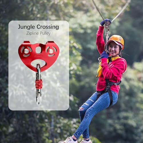 Pulley Zipline Trolley Kit with 25kN Carabiner Double Tandem Dual Pulley Speed Dual Trolley, Red with Carabiner - color: zipline-red