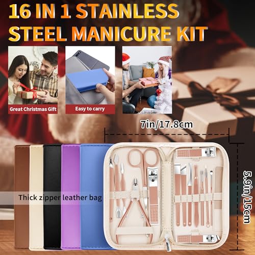 Manicure Set 16Pcs Professional Stainless Steel Pedicure Kit Mens Grooming Kit Fingernail & Toenail Clippers Set Manicure Kit with Luxurious Travel Bag, Sharp Nail Scissors and Clipper (Pink) - color: 16Pcs-Pink