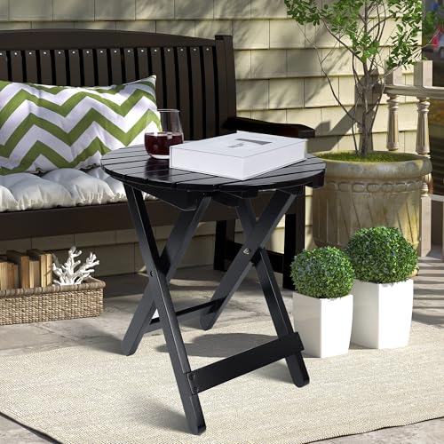 Outdoor Wooden Side Table, Folding Patio End Table, Small Round Furniture Table for Adirondack Chair, Balcony, Porch, Acacia Wood, No Assembly, Black - color: R-black-1