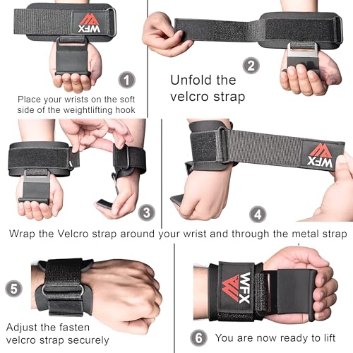 WFX Weight Lifting Hooks, Non-Slip Rubber Coated Grips, 7mm Neoprene Wrist Support Padding, Power Lifting Barbell Rows Dead Lifts Chin Pull Up Fitness Strength Training Straps Gym Workout Straps