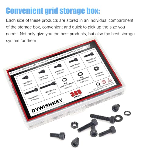 DYWISHKEY 386 Pieces M4 Black Screws, 12.9 Grade Alloy Steel M4x 5/6 /8/10 /12/16 /20mm Hex Socket Head Cap Screws Bolts Nuts Washers Assortment Kit - size: M4, style: Socket Head