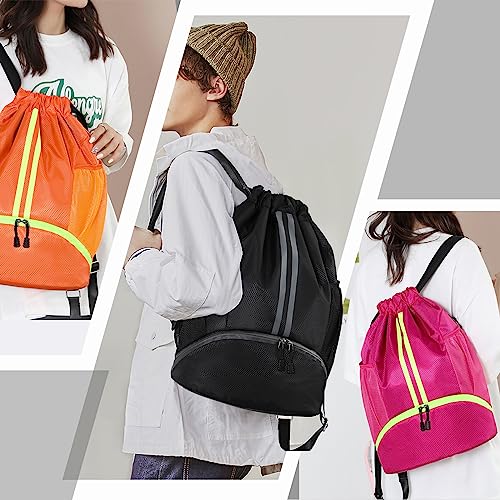 Hoedia Sports Drawstring Backpack - String Swim Gym Bag with Shoes Compartment and Wet Proof Pocket for Women&Men | String Bag with Shoes Compartment and Wet Proof Pocket, Adjustable Wider Shoulder Strap, For Soccer, Basketabll, Volleyball - color: Black,