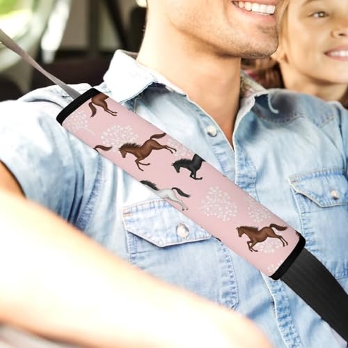 2PCS Grey White Brown Horses Flowers Pink Seat Belt Cover Breathable Seat Belt Cushion for Adults and Children, All Vehicles, Comfortable Driving - color: Pattern 1080