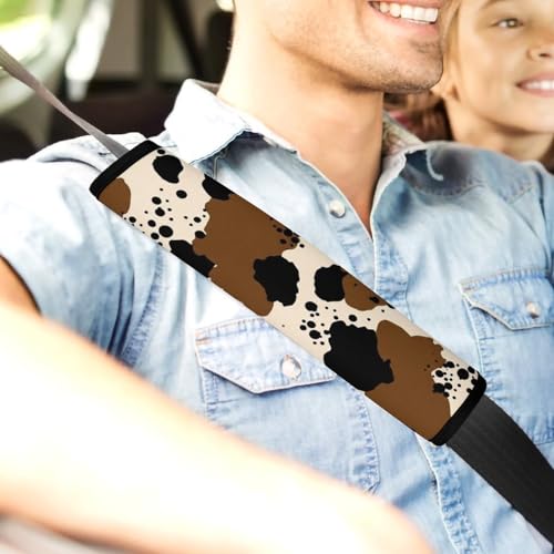 2PCS Breathable Car Seat Belt Pad for Elderly Support, Stroller Pushchair High Chair, Animal Brown Black Milky White Fur Western Cute Cow Print Seat Belt Cushion, Anti-Slip Pad - color: Pattern 481