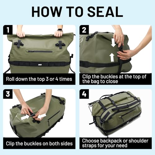 MIER Large Waterproof Duffel Bag - 60L/80L Dry Bag Backpack | Detachable Backpack Straps; Multi-Pockets; Roll-Top with Hook-and-Loop Closure; Motorcycle, Kayaking, Gym, Beach, Boating - color: Army Green, size: 80L