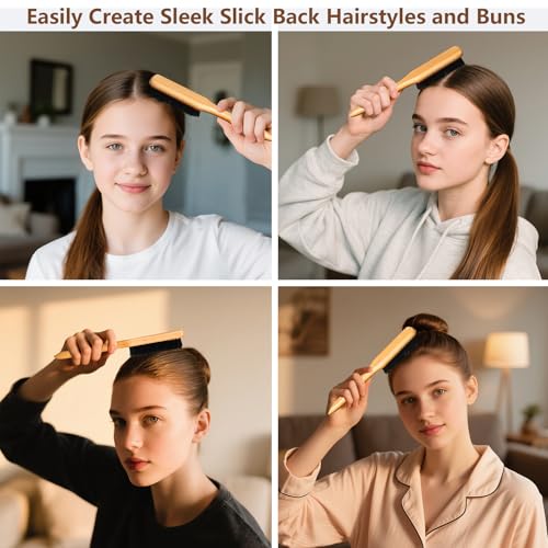 SWEET VIEW Boar Bristle Slick Back Hair Brush | Smooth Flyaways, Frizz, Sleek Ponytail, Buns and Edge Baby Hair, Gel Comb Styling Accessories for Girls, Kids and Women - color: Wood Color