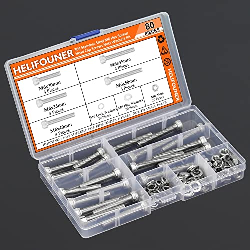 HELIFOUNER 80 Pieces M6 x 30mm /35mm /40mm /45mm /50mm, Hex Socket Head Cap Metric Screws Bolts Washers Nuts Kit, 304 Stainless Steel - size: M6 x 30/35/40/45/50mm