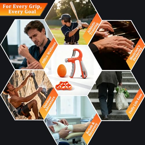 Grip Strength Trainer Kit Adjustable 10-132Lbs Hand Exerciser Counter | Forearm Strengthener, Finger Stretcher, Stress Ball and Bag for Grip Recovery, Wrist Training, Rehab, Climbers and Musicians - color: Orange