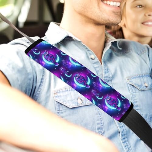 Universal Fit Seat Belt Cover for Adult Use, Stroller Pushchair High Chair, 2PCS Purple Owl On Crescent Moon Harness Pads Strap Shock Absorption - color: Pattern 32