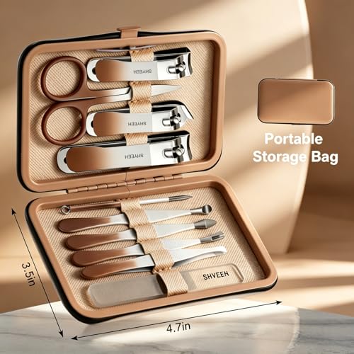 Manicure Set, 10 pcs High-Carbon Steel Nail Clippers Set, Portable Mini Manicure and Pedicure Kit, Travel Grooming Nail Kit with Leather Bag for Men and Women - color: Brown