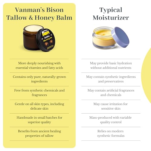 Vanman’s Bison Tallow and Honey Balm - Grass-Fed/Finished Bison Tallow, Raw Manuka Honey, Organic Royal Jelly, Beeswax, Cold Pressed Olive Oil - Unscented Skin Care for Dry Skin - 2.4 oz - size: 2.4 Ounce (Pack of 1), style: Classic - Unscented