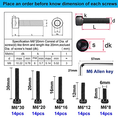 70PCS Hex Socket Head Cap Screws Bolts, M6 x 10/12/16/20/30mm, Allen Head Internal Hex Drive Machine Screws Set with Hex Wrenches, Grade 12.9 Alloy Steel, Black Oxide, Fully Threaded: 1.0mm