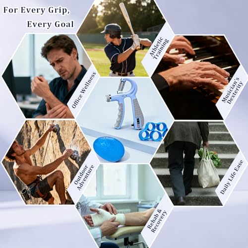 Grip Strength Trainer Kit Adjustable 10-132Lbs Hand Exerciser Counter | Forearm Strengthener, Finger Stretcher, Stress Ball and Bag for Grip Recovery, Wrist Training, Rehab, Climbers and Musicians - color: Blue