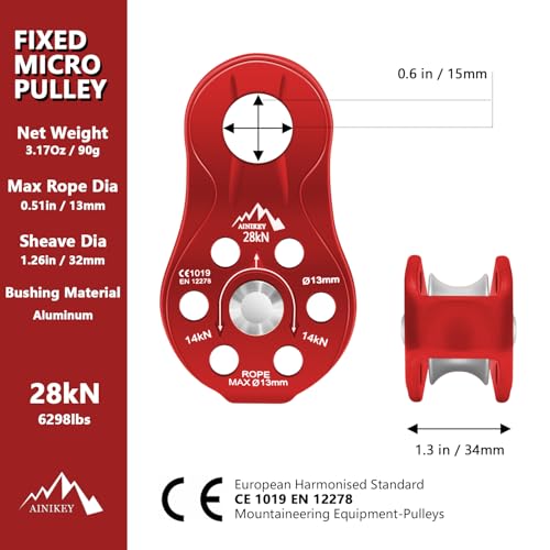 Fixed Plate Micro Pulley, 28KN CE Certified General Purpose Small Aluminum Rope Pulleys Slack Tender for Hauling/Rigging/Climbing/Aloft Work/Rappelling etc (One Unit (28KN Pulley Red)) - color: One Unit (28KN Pulley Red)