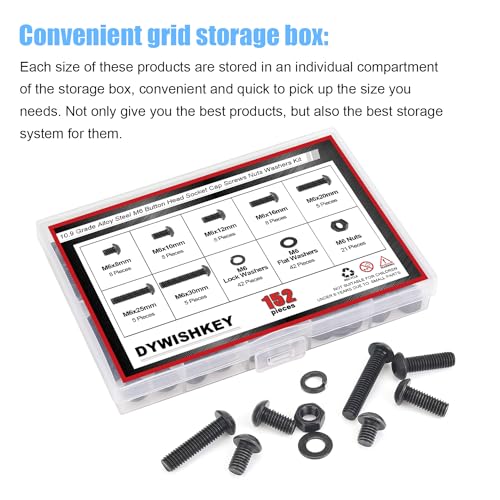 DYWISHKEY 152 Pieces M6 Black Screws, 10.9 Grade Alloy Steel M6x 8/10 /12/16 /20/25 /30mm Button Head Socket Cap Screws Bolts Nuts Washers Assortment Kit - size: M6, style: Button Head Socket Cap