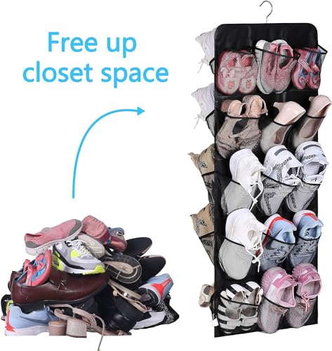 MISSLO 30 Large Pockets Dual Sided Hanging Shoe Rack for Closet Organizer with Rotating Hanger Hanging Shoe Shelves, Black - color: Jet black