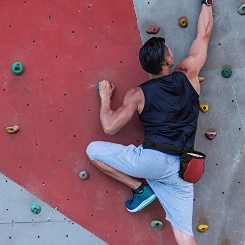 Rhino Valley Climbing Chalk Bag, No Leak Drawstring Chalk Bag with Adjustable Belt, Carabiner Clip and Zippered Pockets Chalk Bag for Rock Climbing, Cross Fit, Weight Lifting & More - color: Black/Red